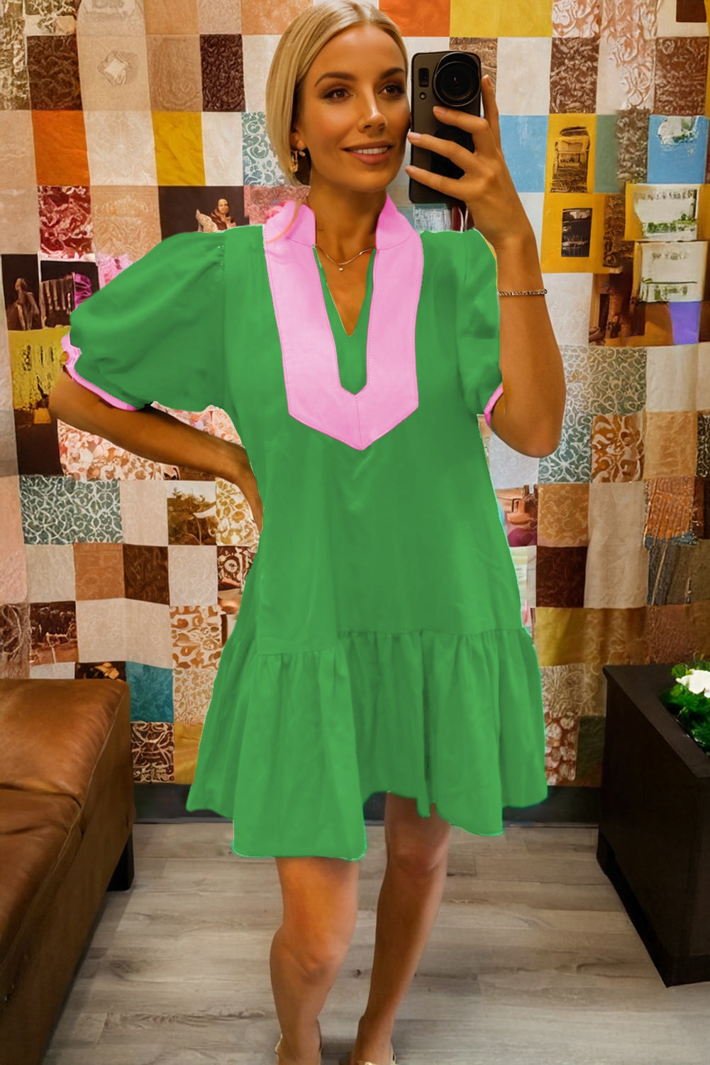 Bright Green Color Block Detail Split Neck Short Puff Sleeve Ruffle Hem Mini Dress