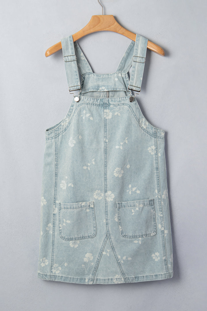 Sky Blue Retro Wash Denim Floral Print Overall Mini Dress