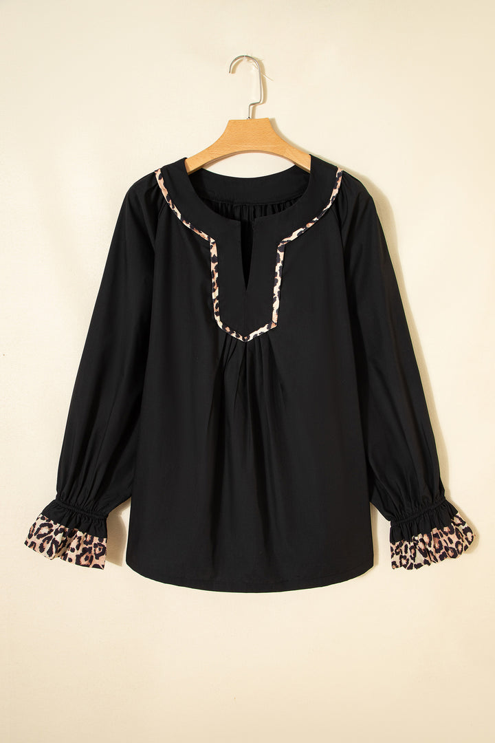 Black Plus Size Split Neck Leopard Trim Flounced Long Sleeve Blouse