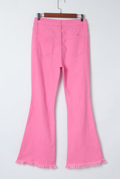 Pink Vintage High Waist Flare Leg Ripped Raw Hem Jeans