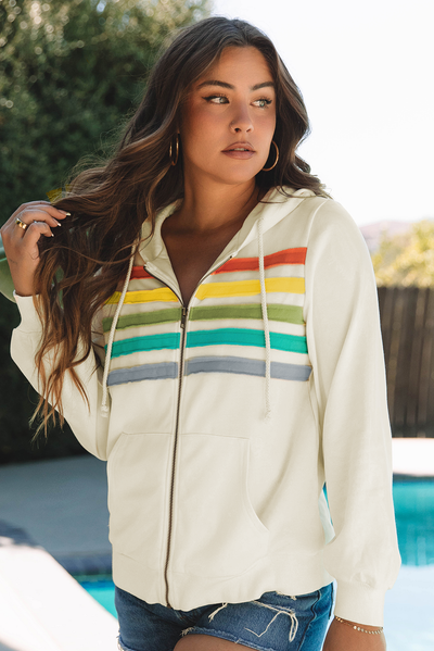 Apricot Colorblock Striped Patchwork Side Pockets Zipper Hoodie