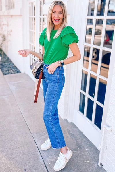 Bright Green Anglaise Embroidered Puff Short Sleeve Top