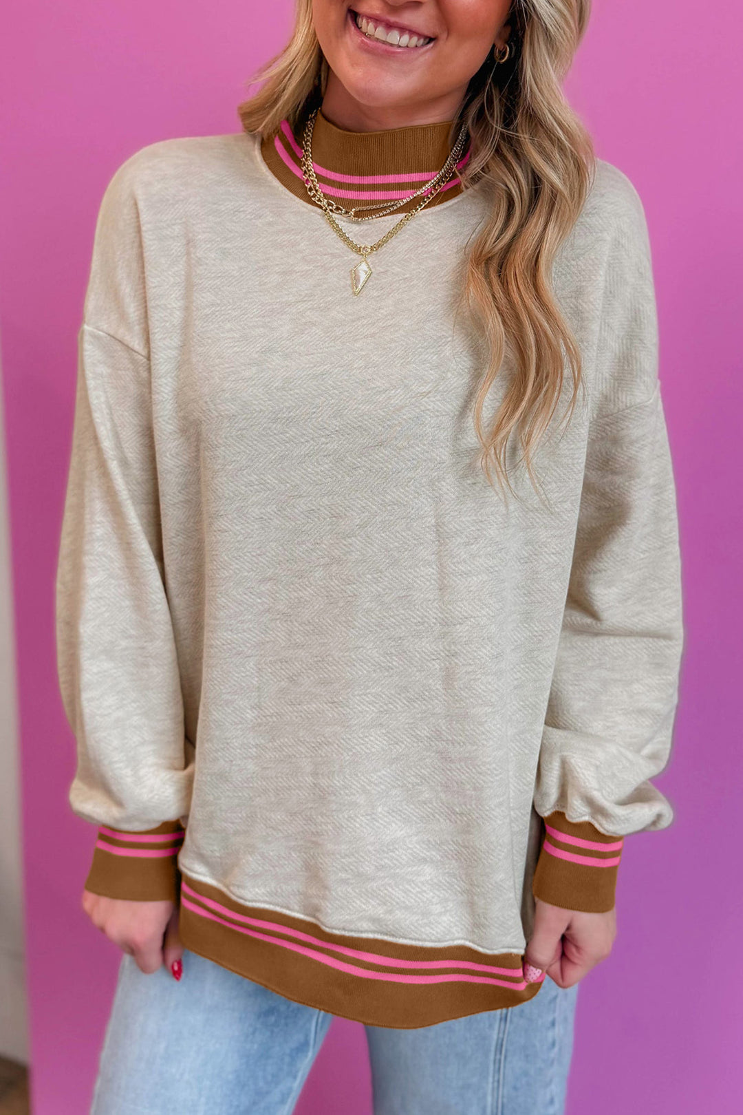 Navy Blue Ribbed Stand Neck Long Sleeve Loose Fit Sweatshirt