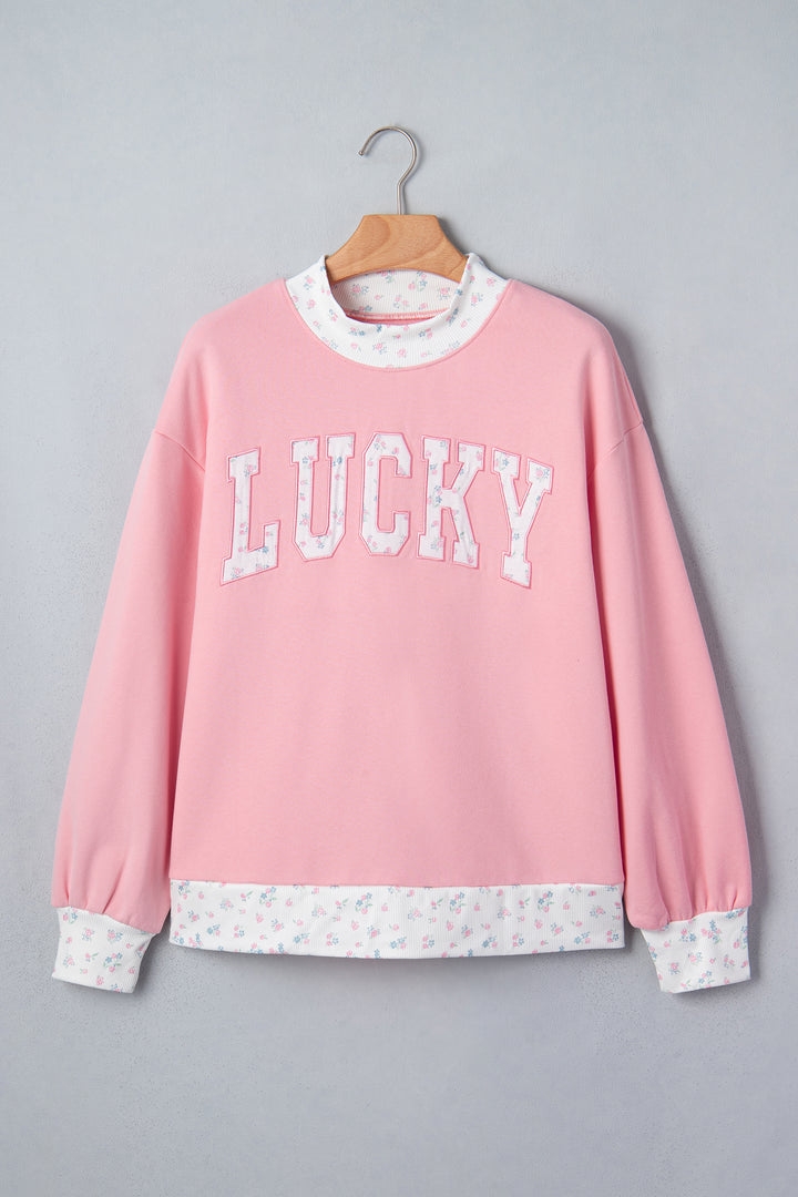 Pink High Neck Floral Patch Embroidery Long Sleeve Sweatshirt