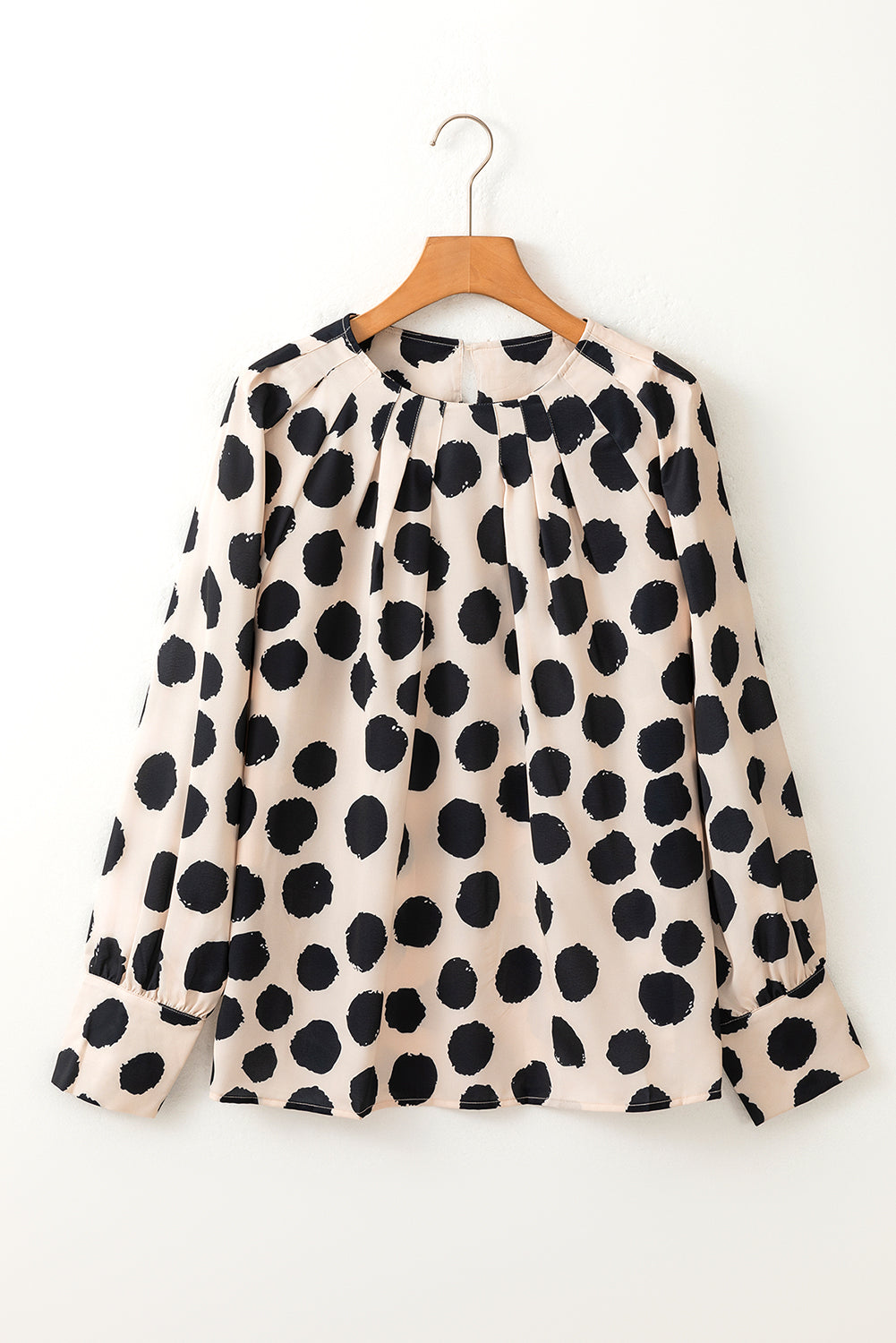 Black Polka Dot Print Buttoned Sleeve Pleat Blouse