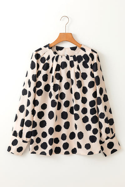 Black Polka Dot Print Buttoned Sleeve Pleat Blouse