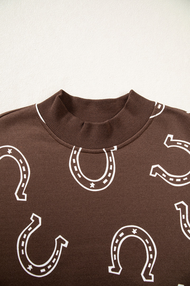 Blue Western Horseshoe Print Mock Neck Casual Pullover Sweatshirt