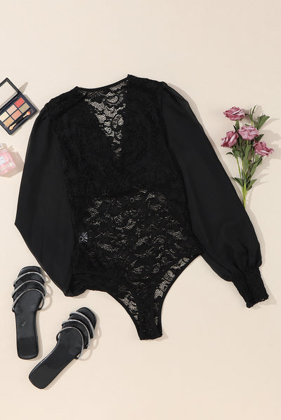 Black Bubble Sleeve Scalloped Lace Bodysuit