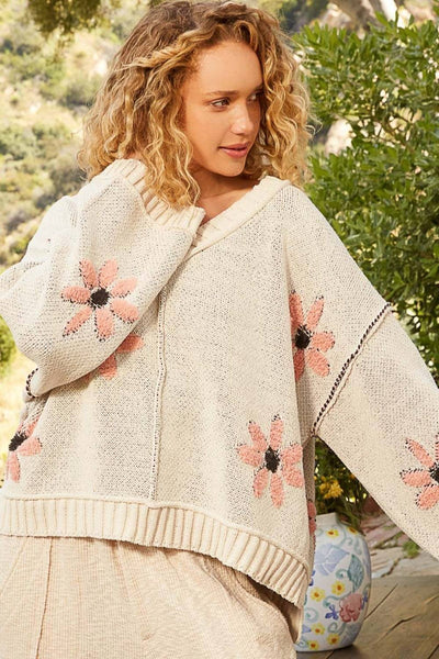 POL V-Neck Floral Pattern Chenille Sweater