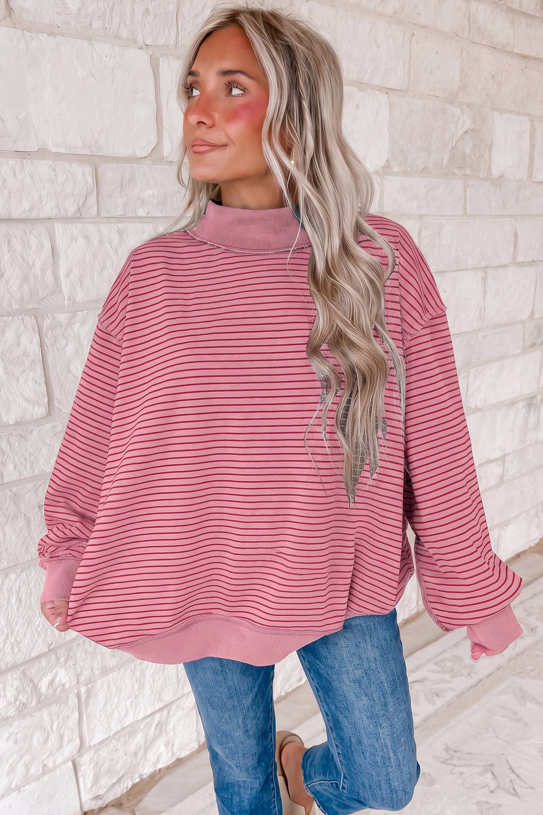 Green Stripe Ribbed Color Block Mock Neck Oversized Sweatshirt