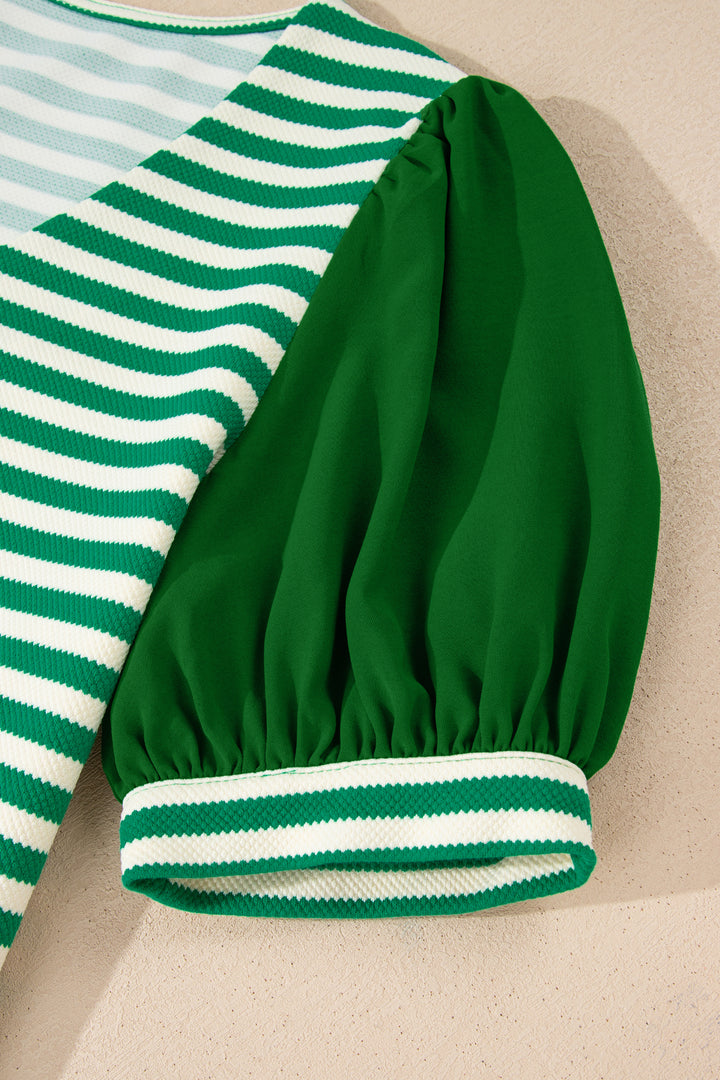 Green Stripe Puff Short Sleeve Patchwork V Neck Blouse