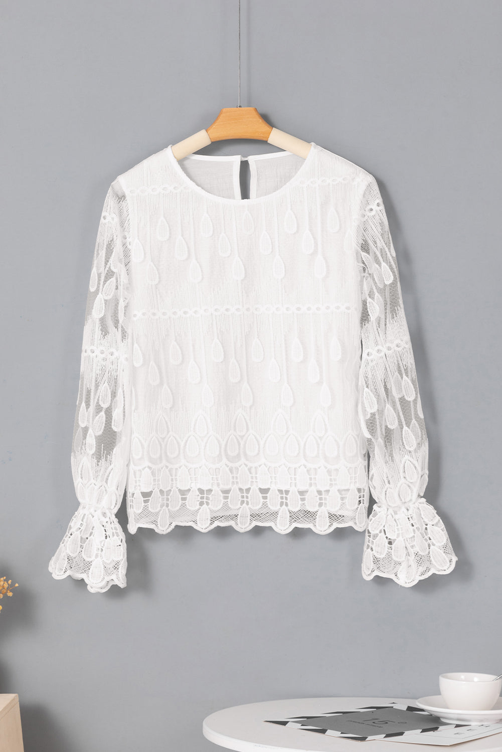 Beige Embroidered Mesh Flounce Sleeve Blouse