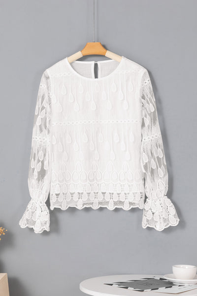 Beige Embroidered Mesh Flounce Sleeve Blouse