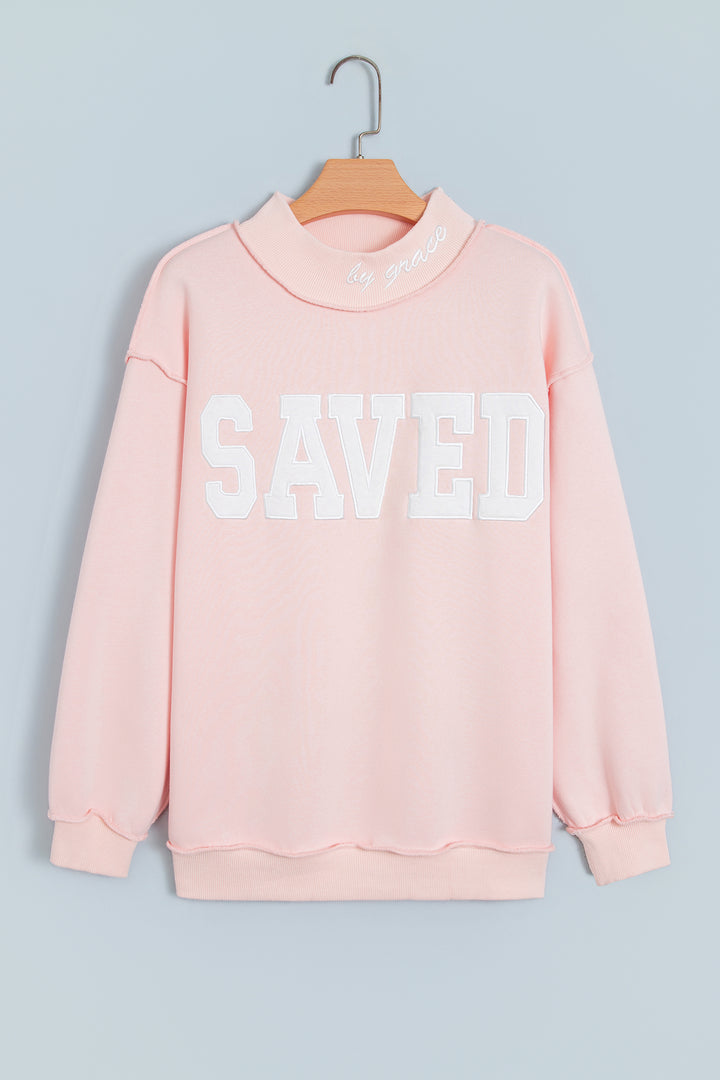 Gray Saved By Grace Embroidered Detail Letter Graphic High Neck Sweatshirt