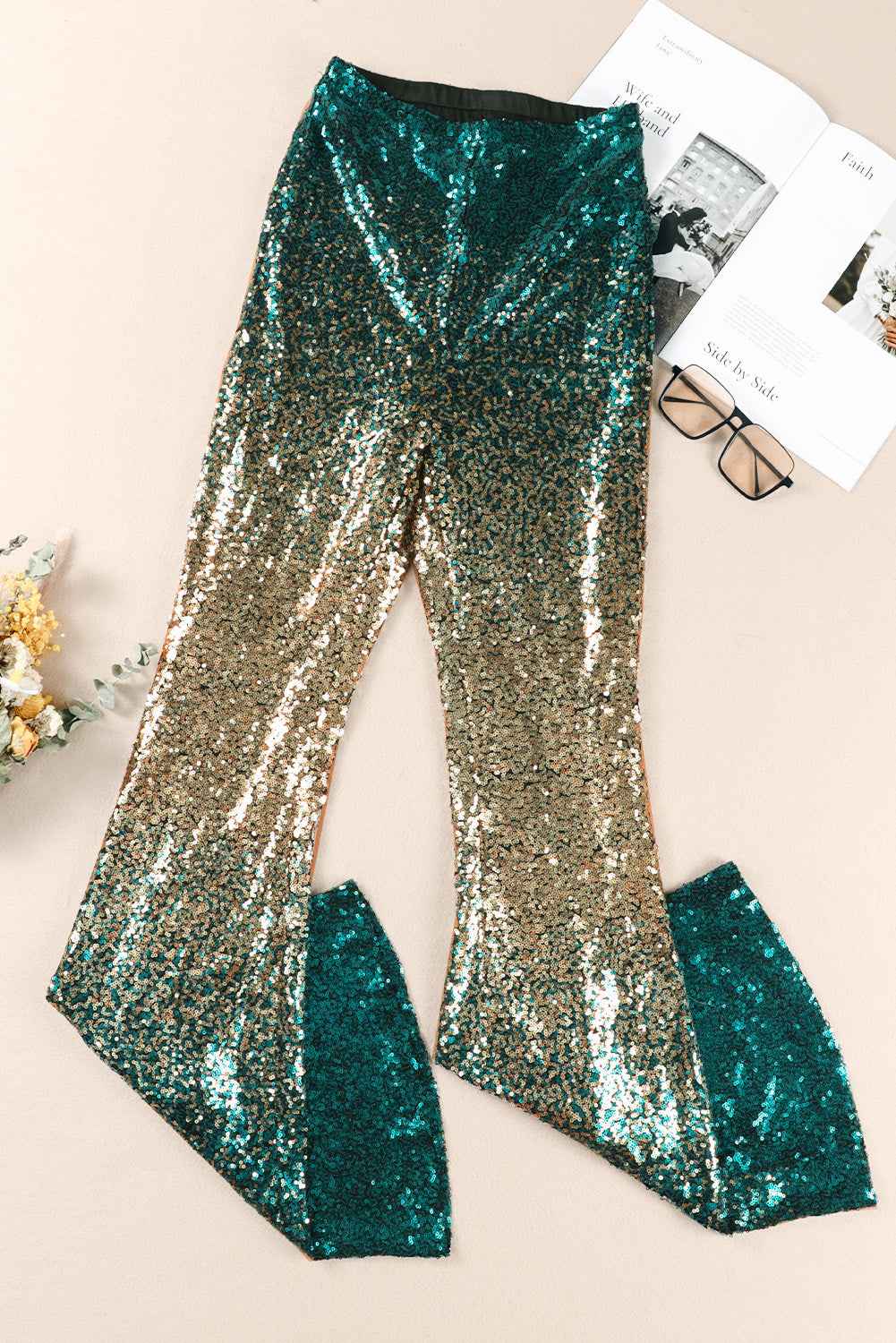 Green Black&amp;Gold Gradient Sequined Pants