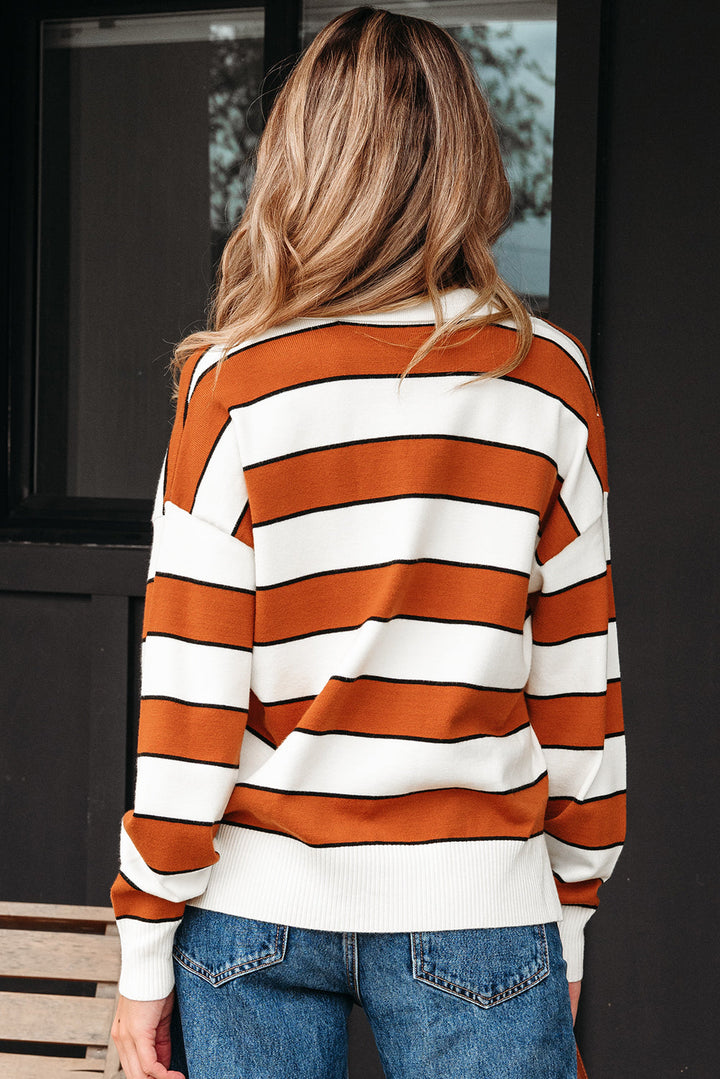 Valeria Stripe Ribbed Polo Collar Drop Shoulder Sweater
