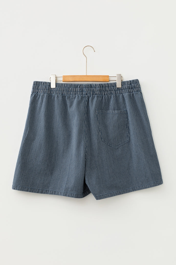Blue Stripe Plus Size Contrast Drawstring Elastic Waist Denim Shorts