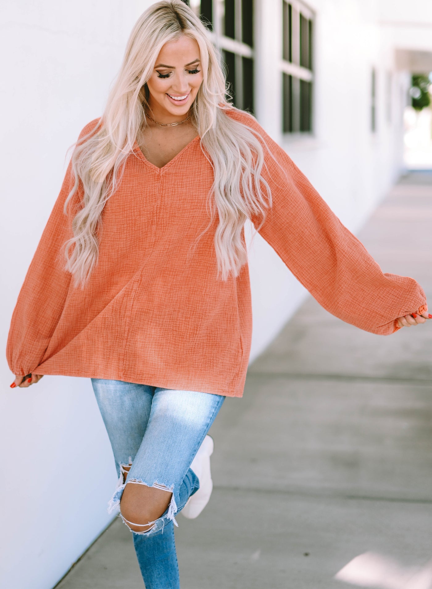 Orange Crinkle Textured Frill Split Neck Puff Sleeve Blouse