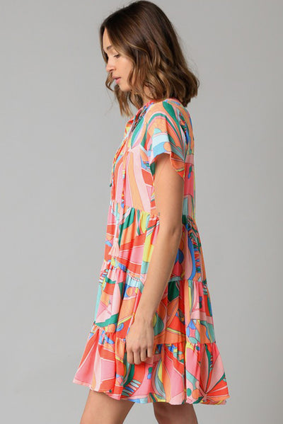 Multicolor Abstract Geometric Print Tassel Tie Flared Dress