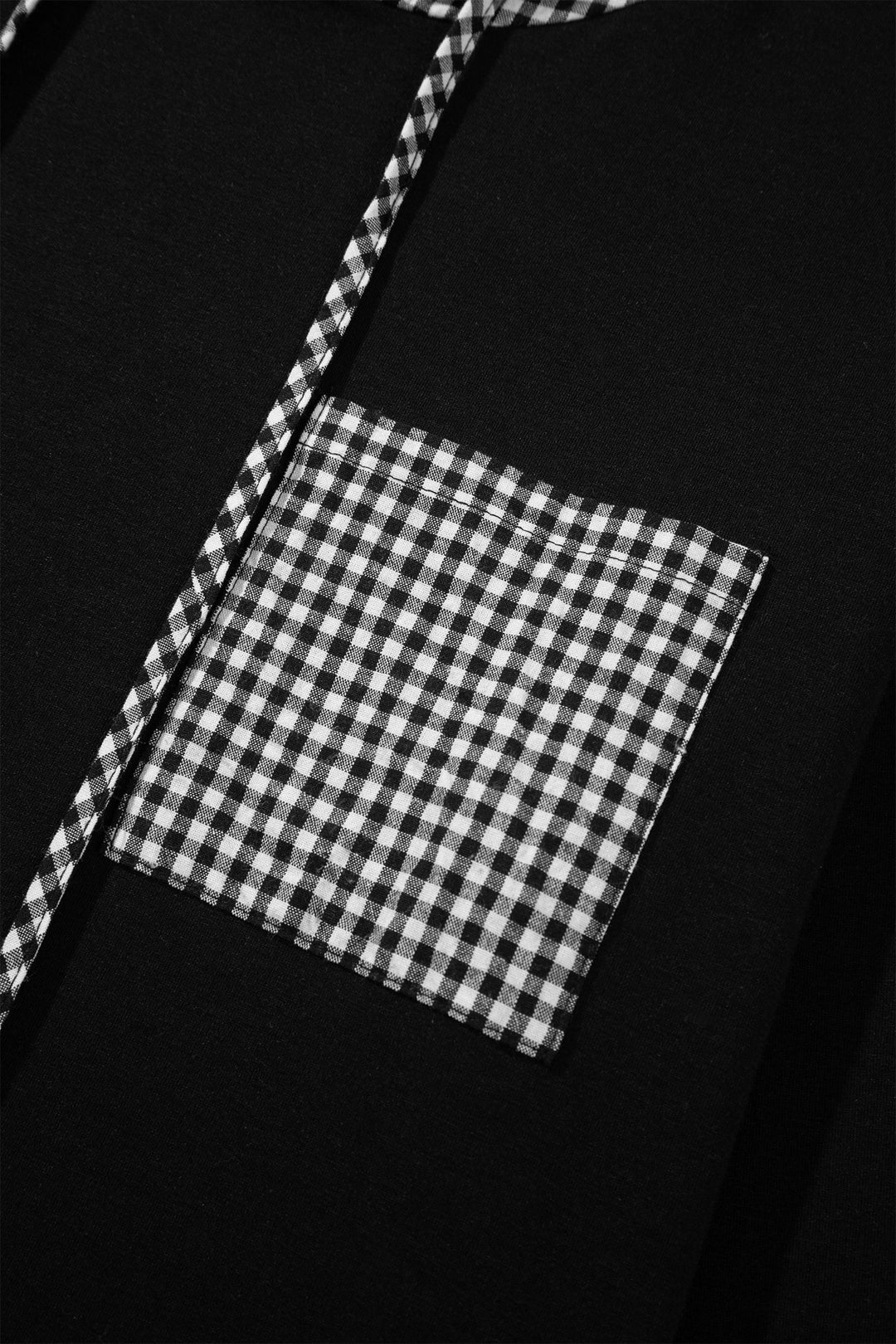 Black Hooded Gingham Paneling Chest Patch Pocket Long Sleeve Plus Size Blouse