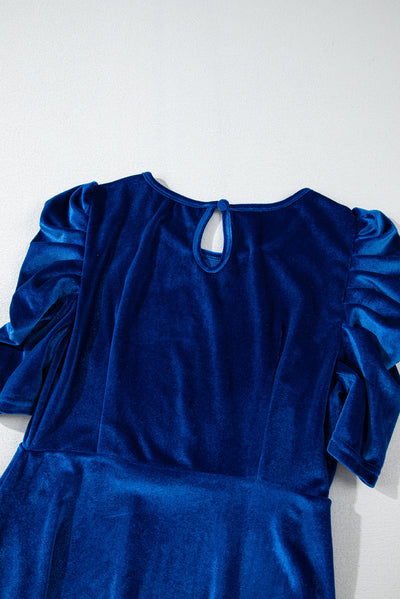 Sail Blue Velvet Ruched Short Sleeve Pocketed Elegant Dress