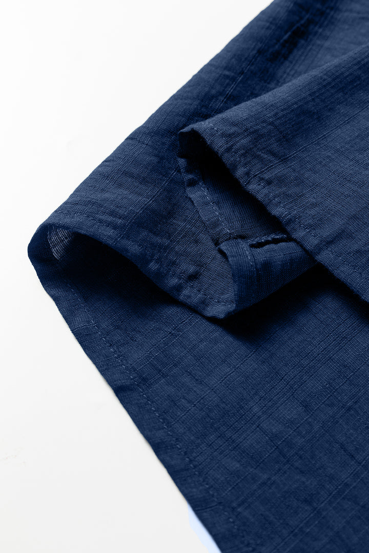 Dirty blue Leopard Trim V Neck Flounced Bracelet Sleeve Blouse