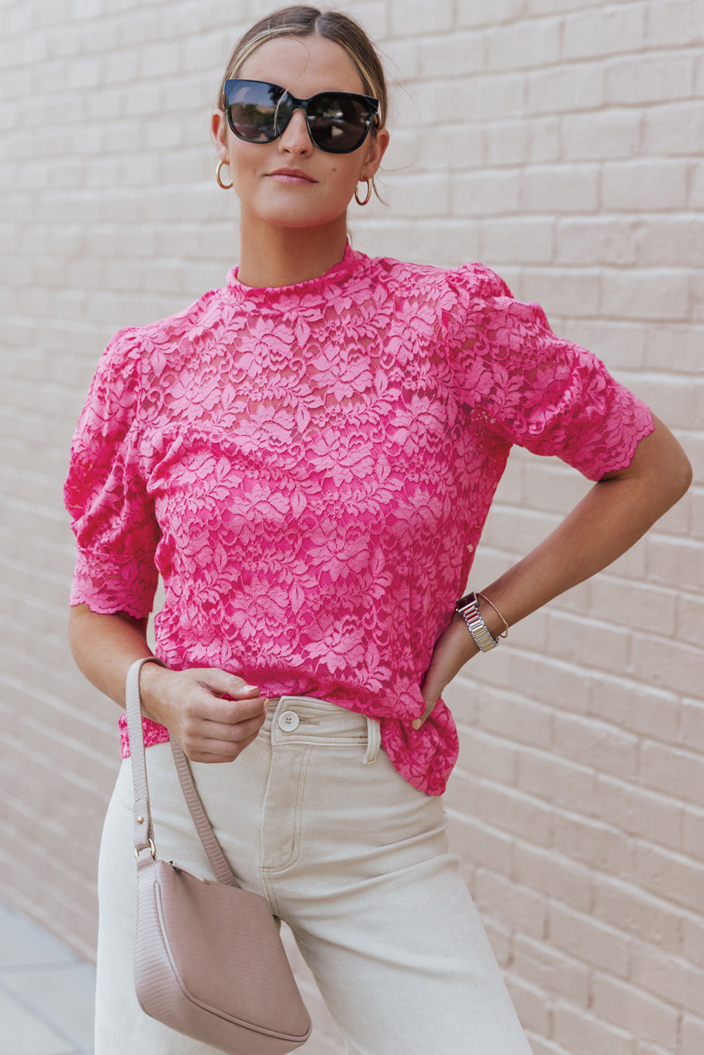 Pink High Neck Lace Short Sleeve Top