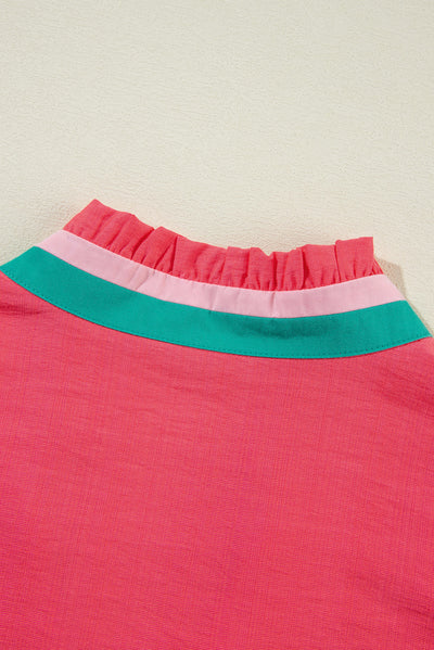 Carrot Colorful Trim V Neck Short Sleeve Blouse