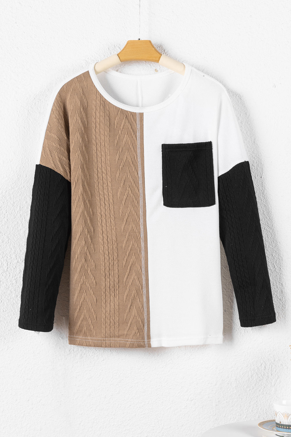 Black Long Sleeve Colorblock Chest Pocket Textured Knit Top