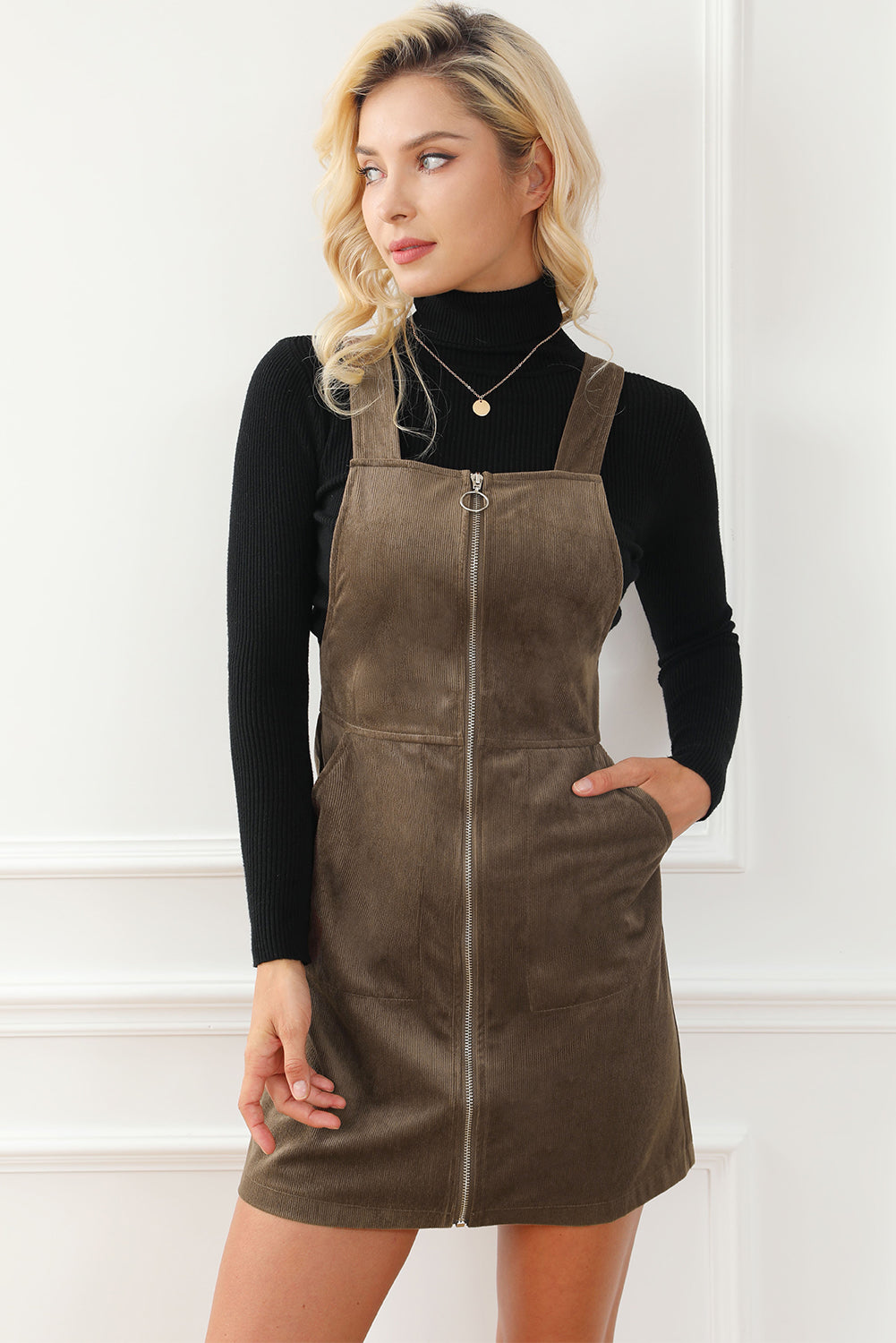 Brown O-ring Zip Up Pocketed Corduroy Dress