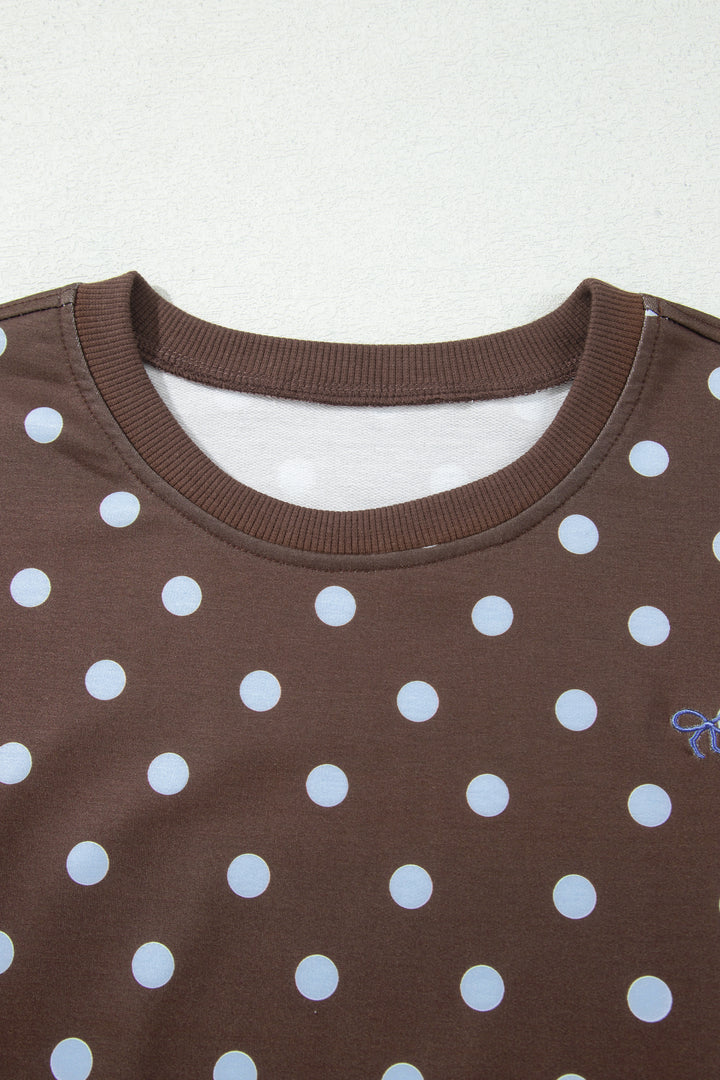 Brown Polka Dot Long Sleeve Pullover Embroidered Bow Detail 2pcs Skort Set