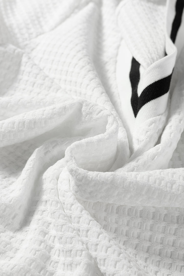 White Textured Knit Preppy Striped Trim V Neck Pullover Waffle Top