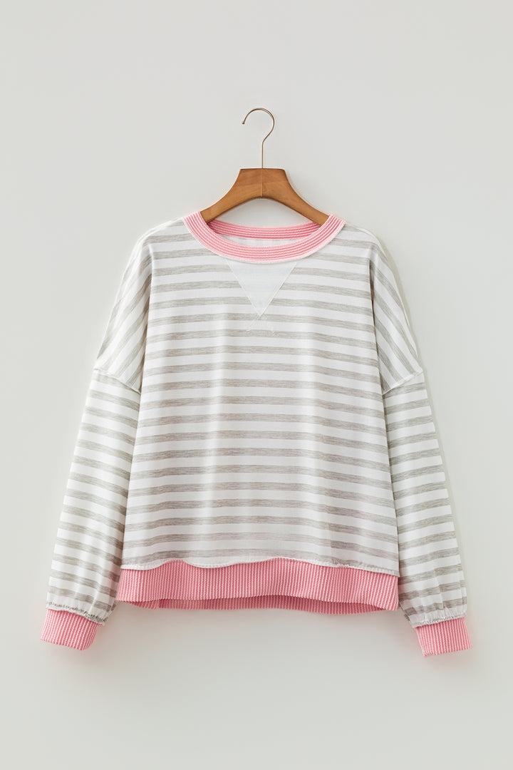 Pink Twisted Rib Trim Striped Round Neck Long Sleeve Top