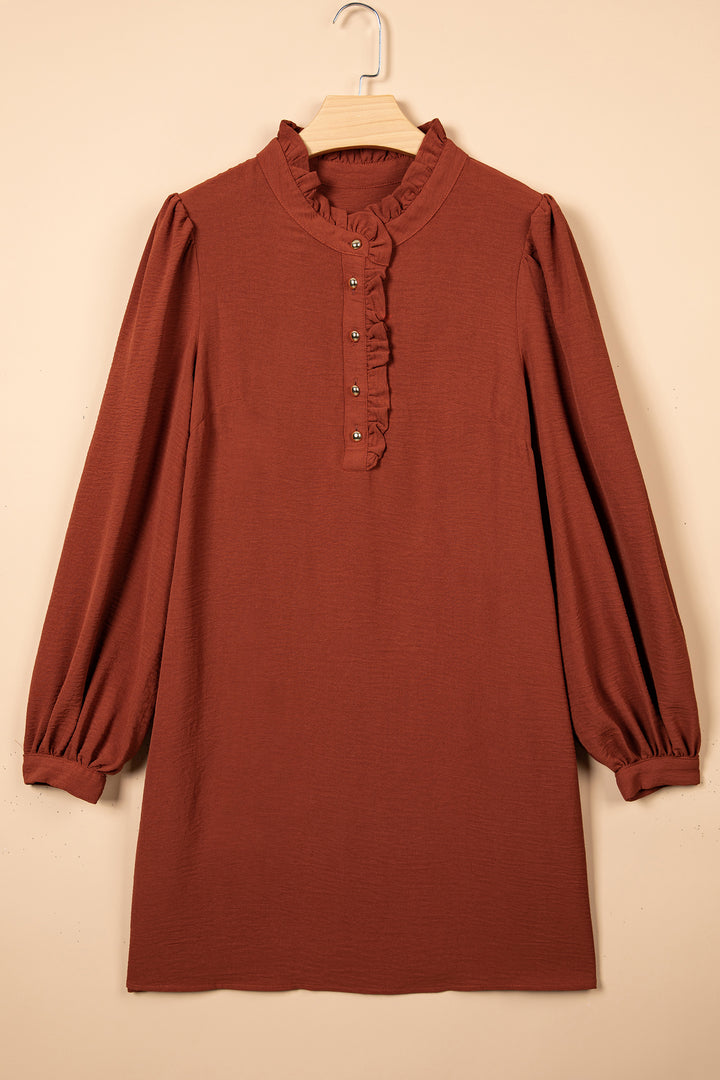 Coffee Solid Shift Long Sleeve Short Length One Piece Dress