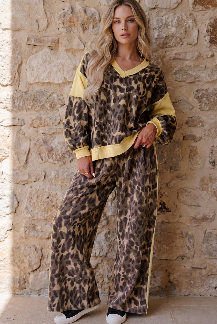Brown Leopard Print Long Sleeve V-Neck Wide Leg Pant Set