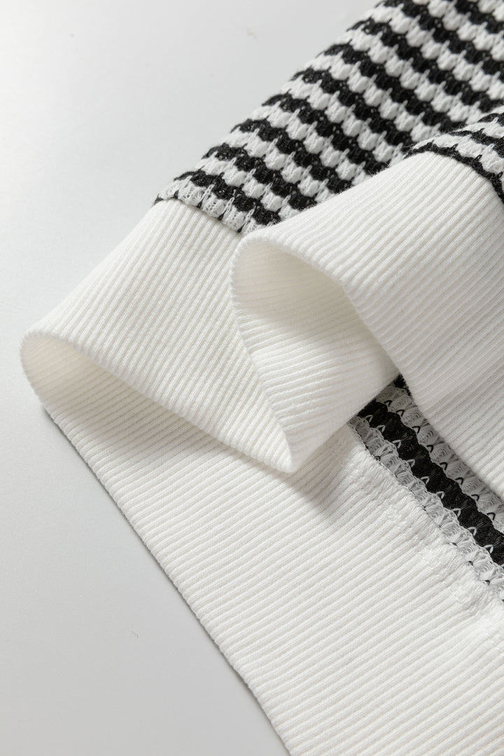 Black Stripe Textured Knit Contrast Hollowed Lace Patchwork Long Sleeve Top