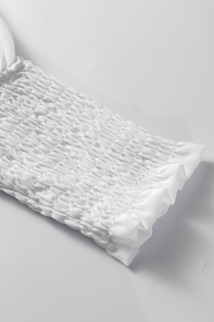 White Smocked Cuffs Semi Sheer Long Sleeve Dolman Blouse