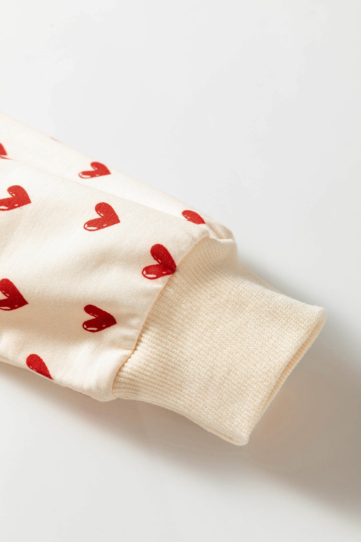 Beige Heart Print Round Neck Long Sleeve Regular Fit Sweatshirt