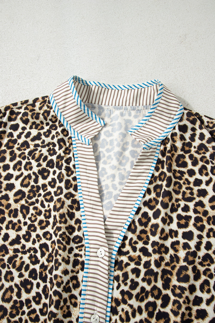 Khaki Plus Size Leopard Print Striped Trim V Neck Drop Waist Long Sleeve Mini Dress