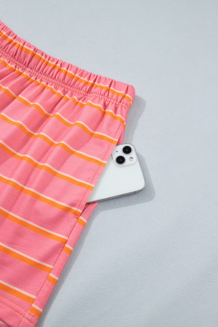 Rose Stripe Color Block Trim Long Sleeve Pullover Pocketed Shorts 2pcs Set