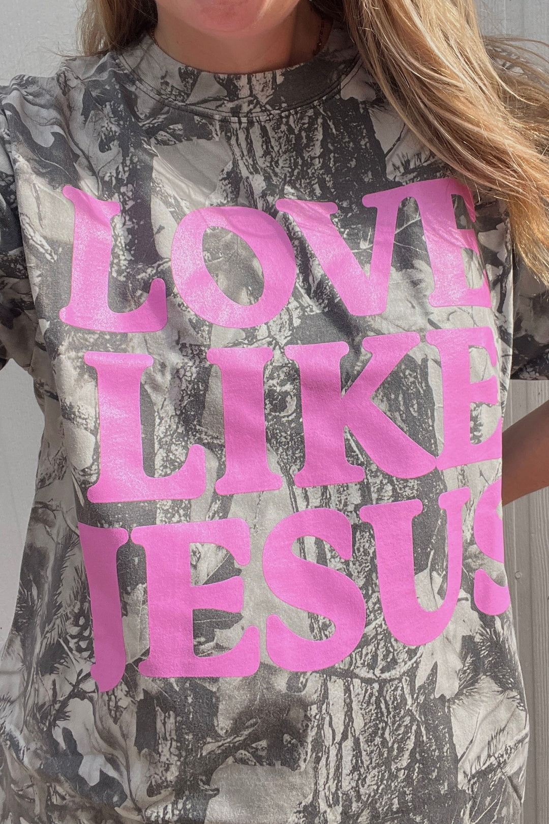 Gray Woodland Camouflage LOVE LIKE JESUS Plus Size T Shirt