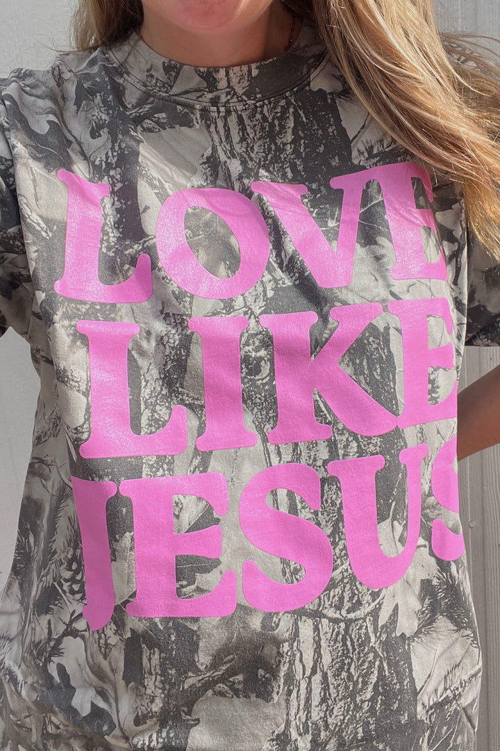 Gray Woodland Camouflage LOVE LIKE JESUS Plus Size T Shirt