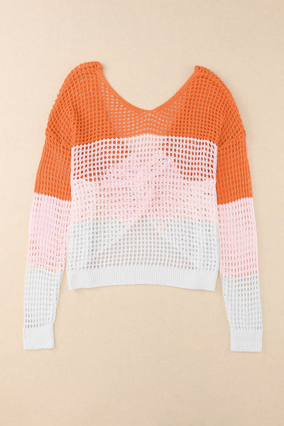 Multicolor Color Block Eyelet Long Sleeve Twisted Back Knit Top