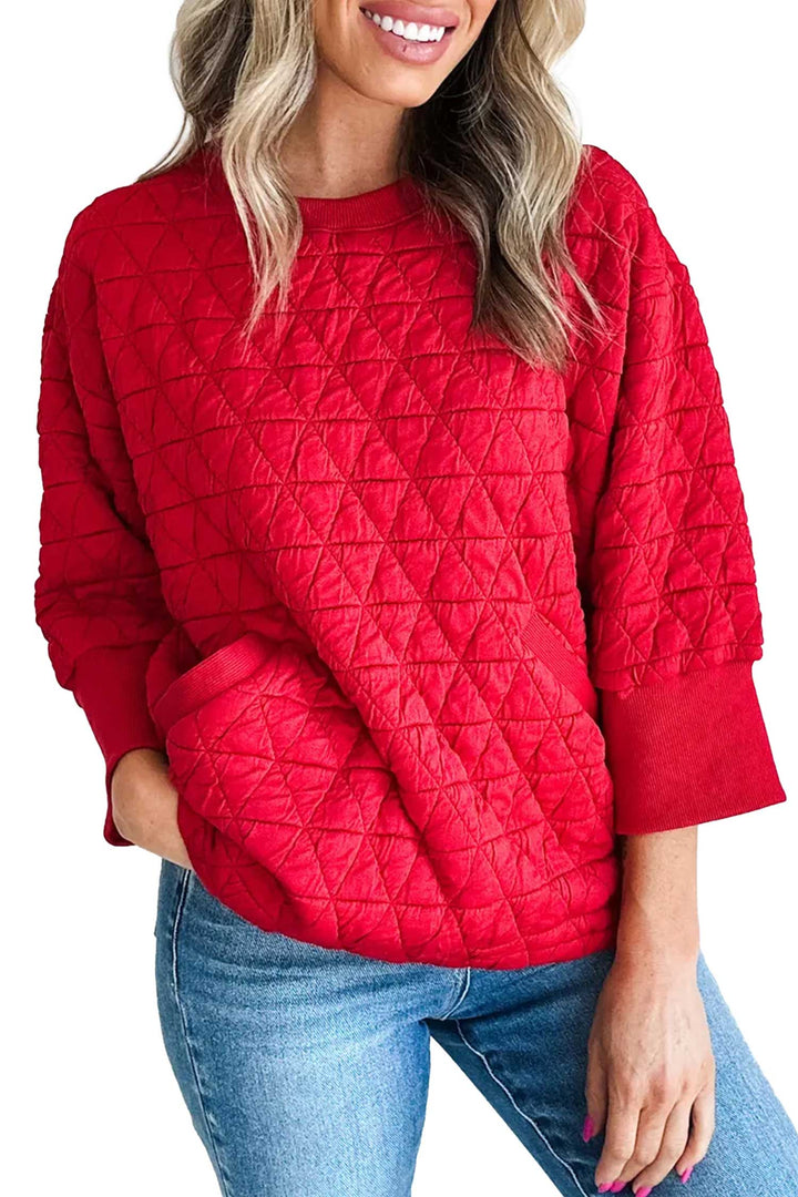 Fiery Red Quilted Diamond Pattern 3/4 Sleeve Pocketed Casual Top