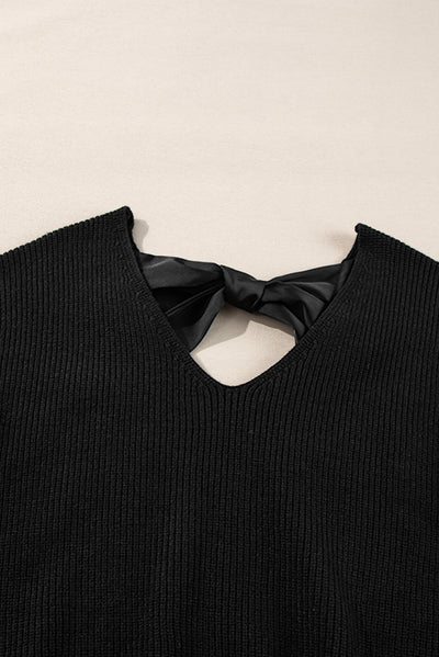 Black Lantern Sleeve V Neck Knot Back Sweater