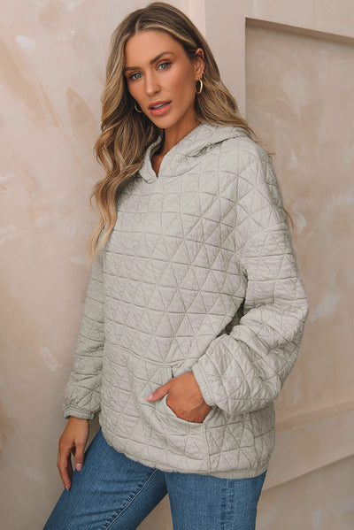 Light Grey Solid Color Quilted Kangaroo Pocket Hoodie