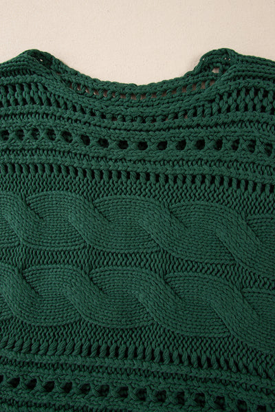 Blackish Green Hollow-out Cable Knit Cropped Sweater