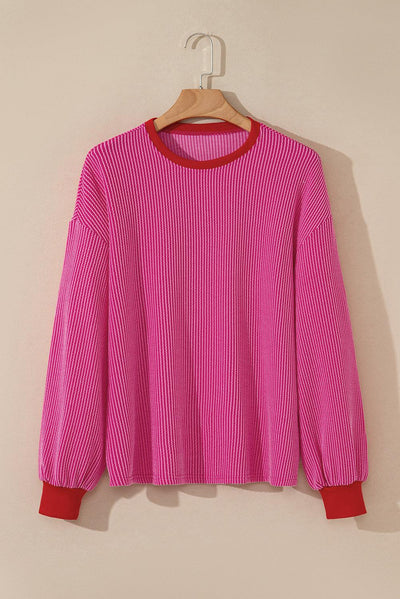 Bright Pink Corded Contrast Edge Drop Shoulder Long Sleeve Top