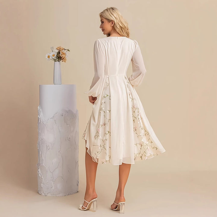 Floral Long Sleeve V-Neck Pleated Midi Dress – High Waist Flared Hem
