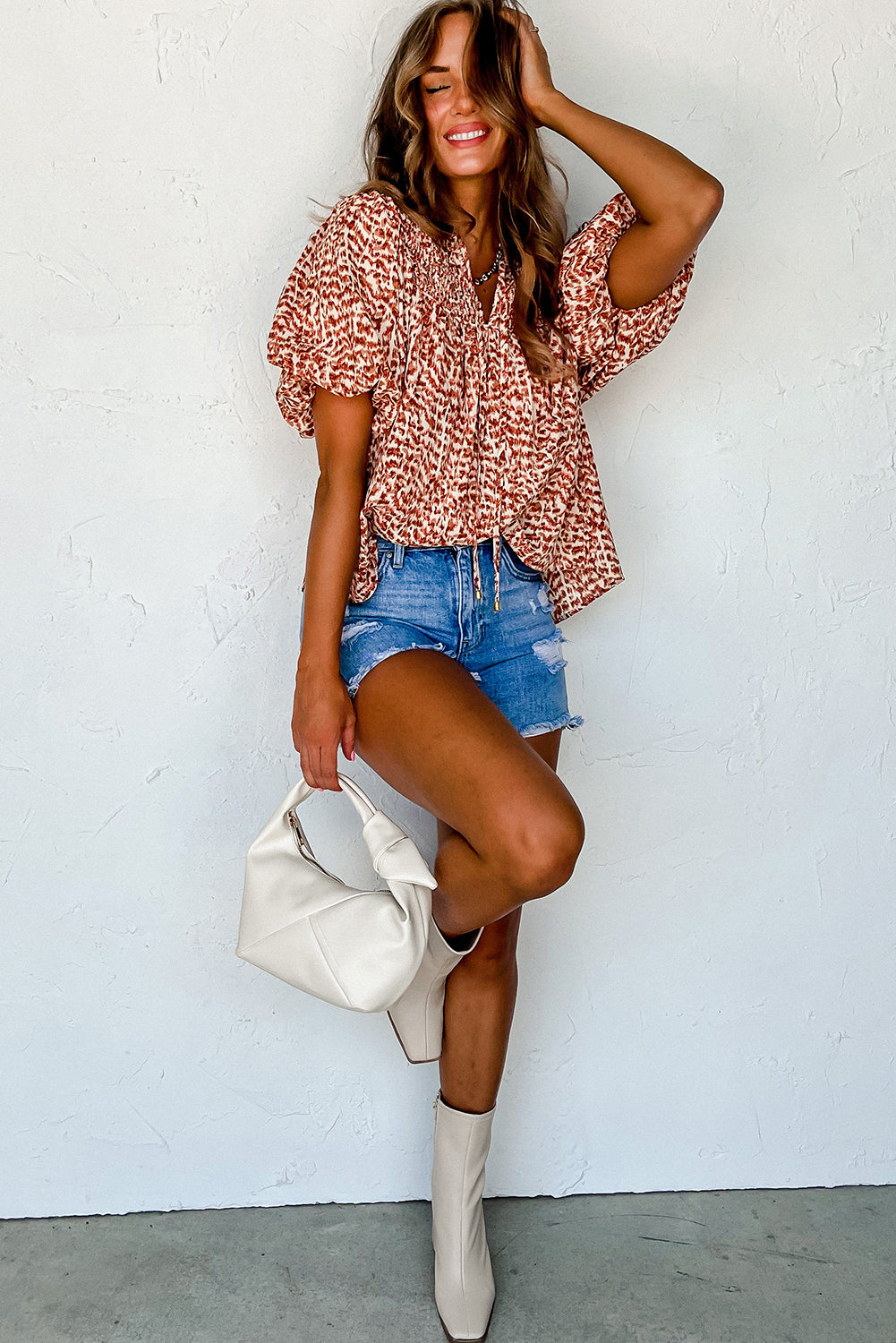 Brown Printed Tie Split Neck Puff Sleeve Blouse